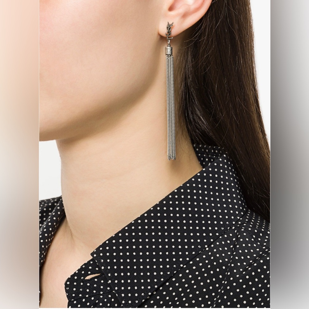 BRAND NEW Authentic Saint Laurent LOULOU EARRINGS WITH TASSELS IN SILVER